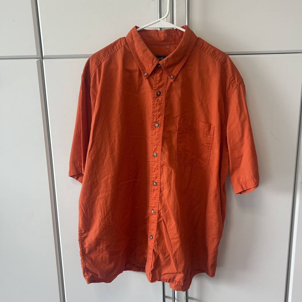 Eddie Bauer Mens XL Short Sleeve Button Down Shirt Orange 100% Cotton Casual